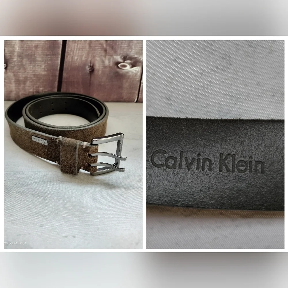 CK Calvin Klein Men's Brown Genuine Leather Belt Silver Buckle 40